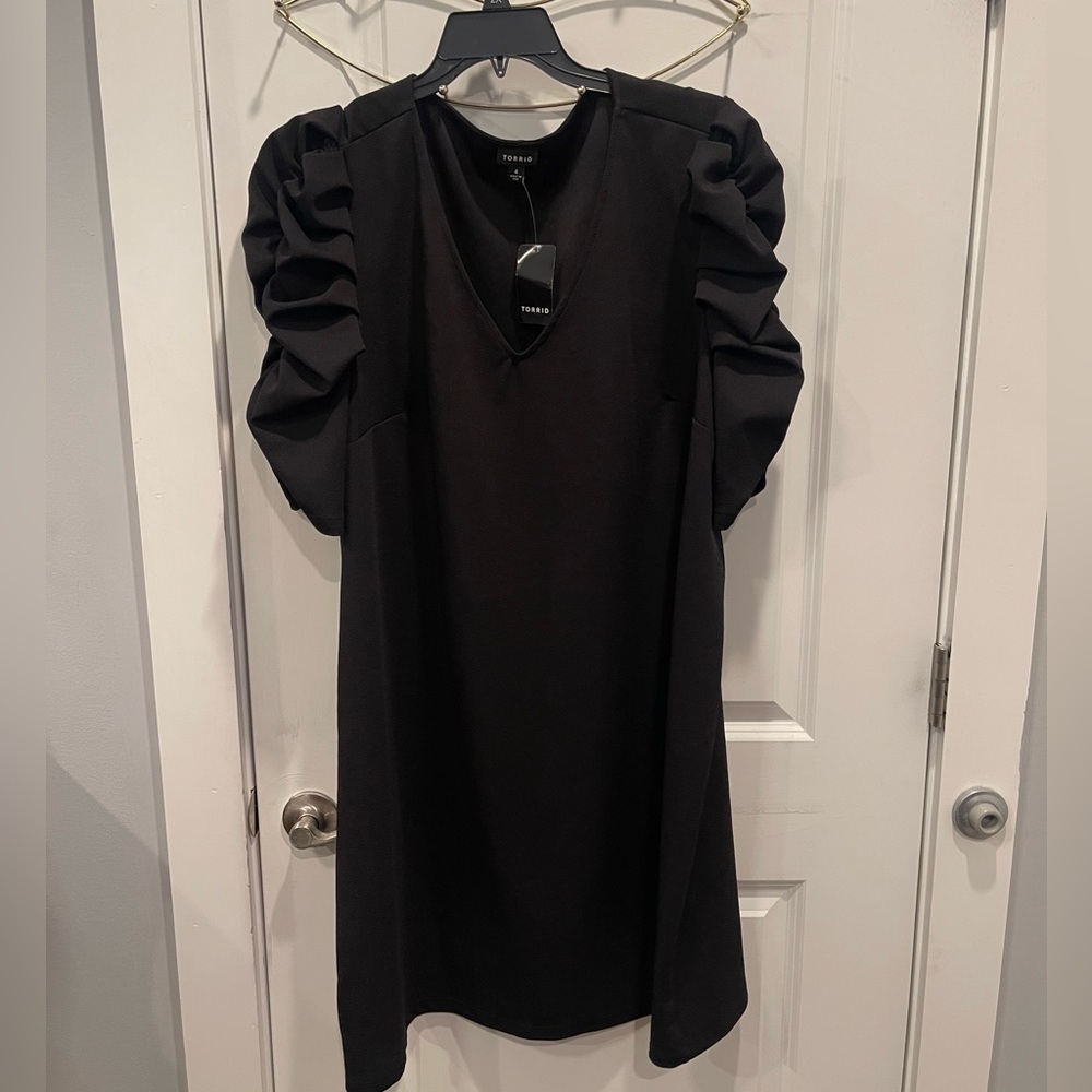 Torrid Black Mini Textured Knit Puff Sleeve Dress